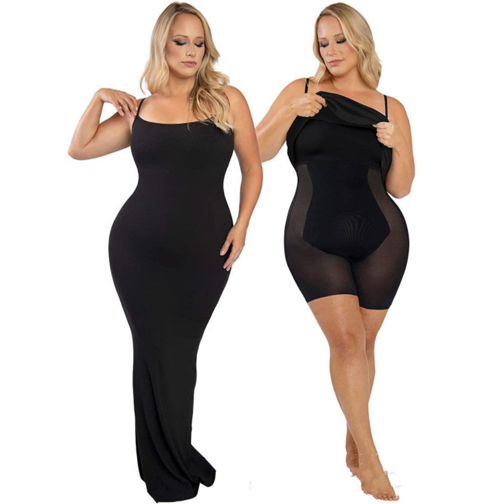 Women’s Shapewear Dress Jumpsuit Tummy Tuck Lift Corset Open Crotch Suspender Tight Long Skirt Chest Pad Bodysuit Dress