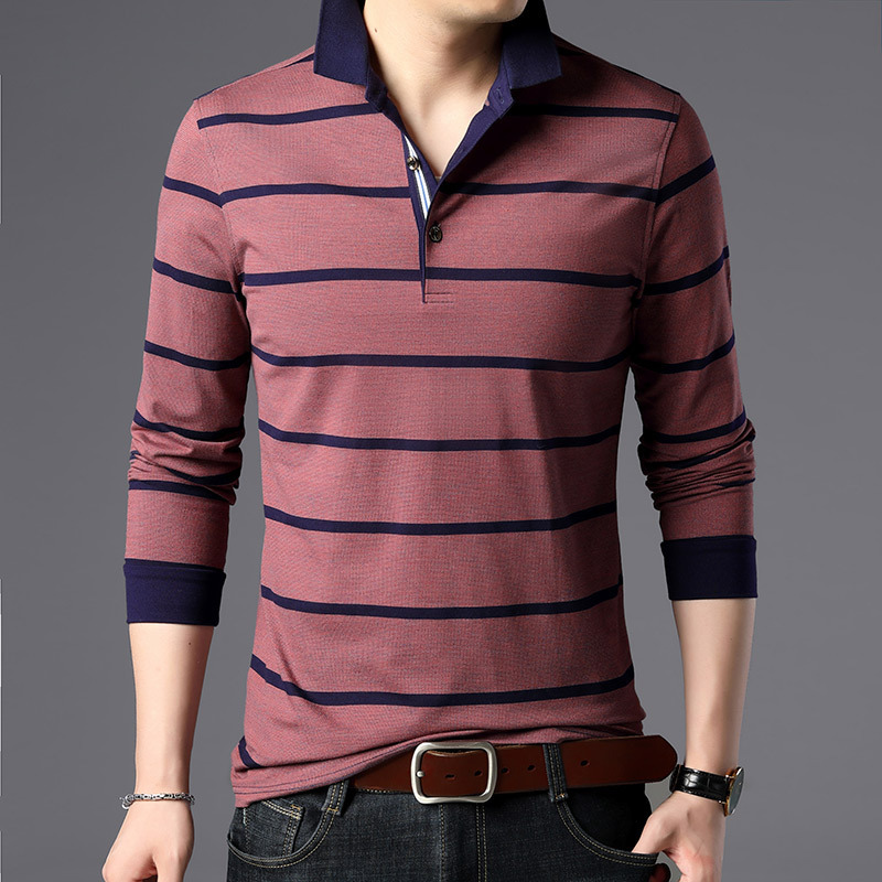 Men’s stripe long sleeve polo collar top