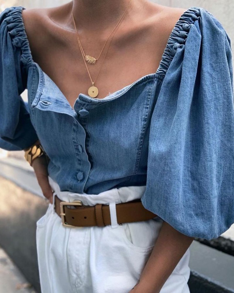 Off-the-shoulder lantern sleeve denim shirt