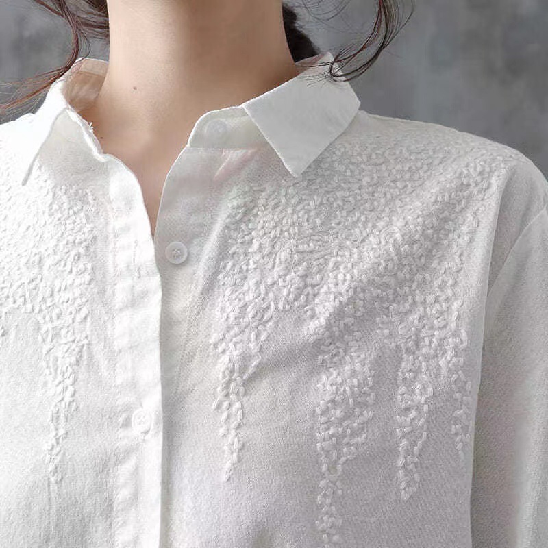 Pure Cotton Embroidered Long Sleeve Loose Casual Polo Collar Shirt