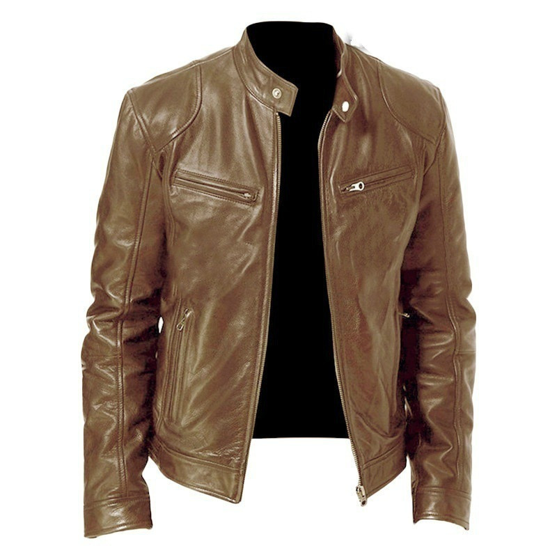 Men’s Zip Cardigan PU Leather Jacket With Stand Collar