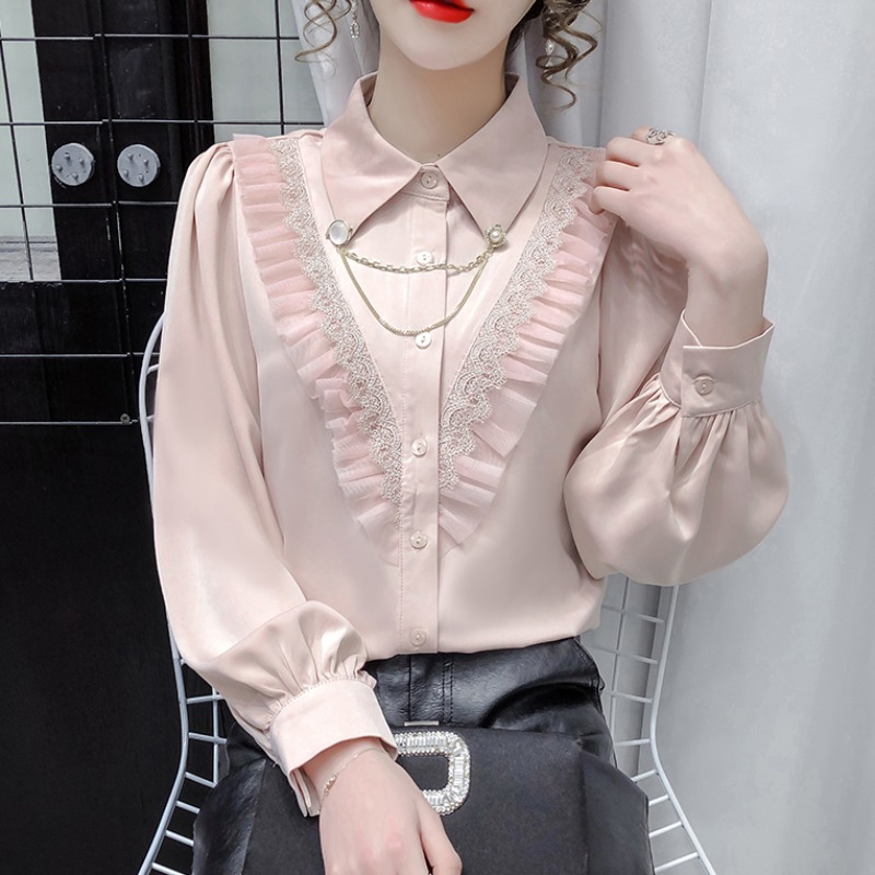 Polo Collar Chain Lace Stitching Shirt Female Design Niche Long-Sleeved Shirt