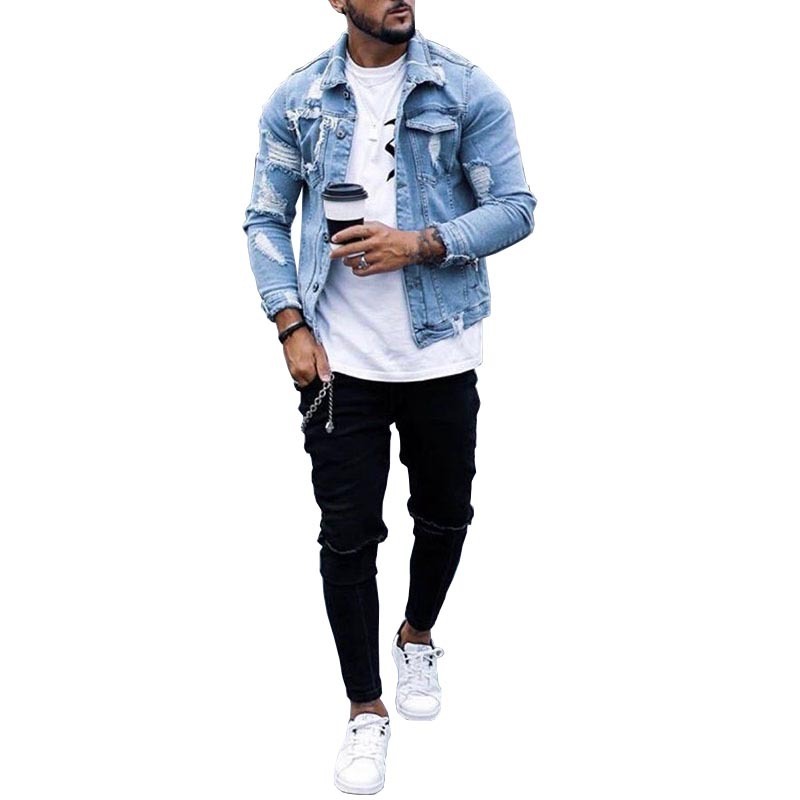 Lapel Men’s Denim Jacket Ripped Irregular Washed Jacket