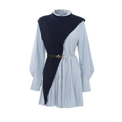 Polo Collar Pleated Hem Dress Irregular Knitting