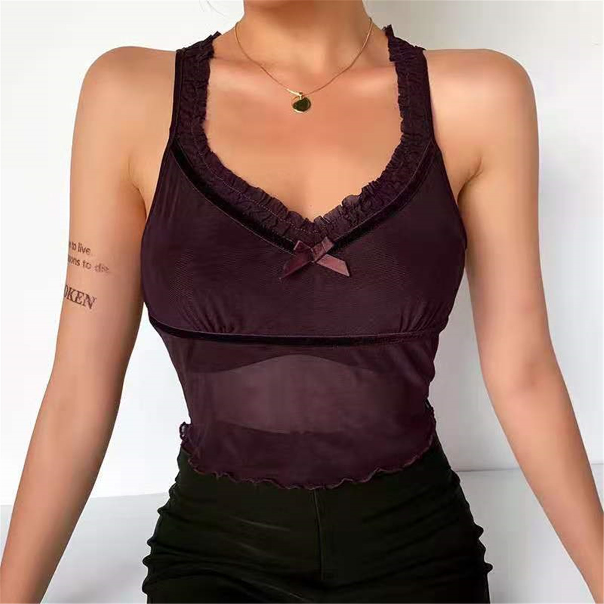 Lace Korean Version Of The Word Neck V-Neck Solid Color Sling Type Black Slim-Fit Small Vest