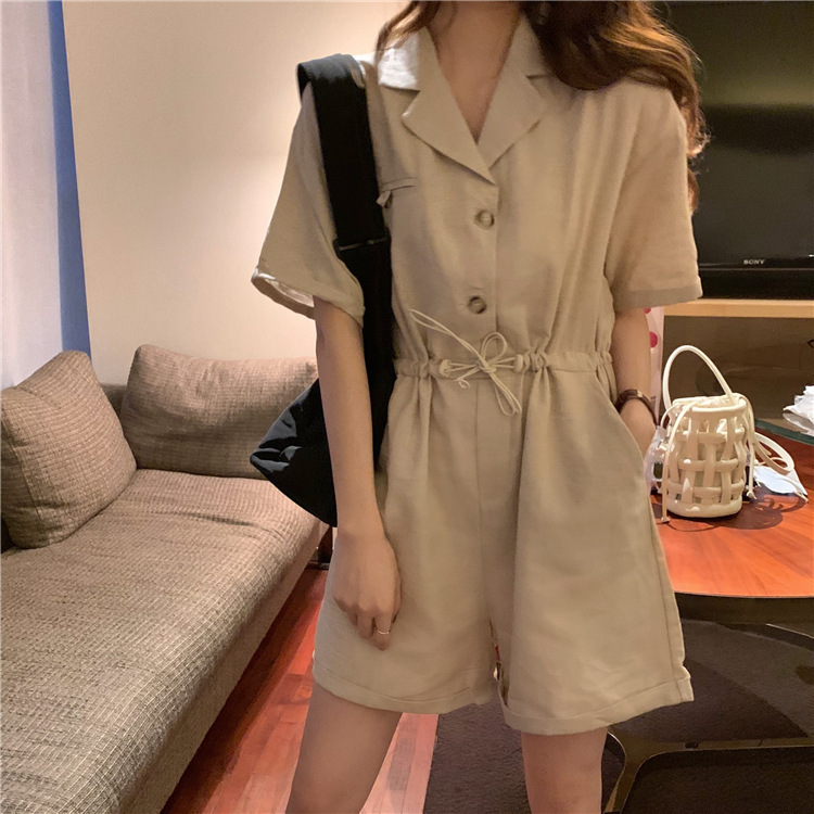 Loose Polo Collar Drawstring Slim Short Jumpsuit