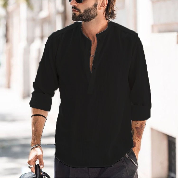 Men’s Casual Stand-up Collar Door Barrel Solid Color Long-sleeved Shirt