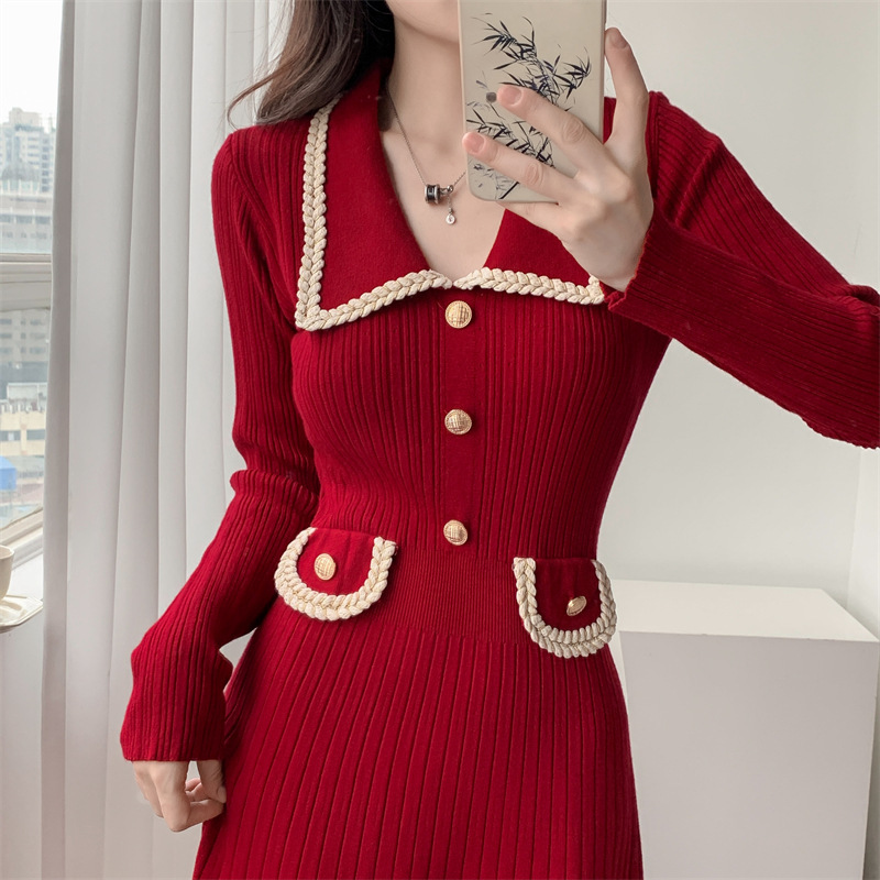 Fashion Polo Collar Knitted Dress