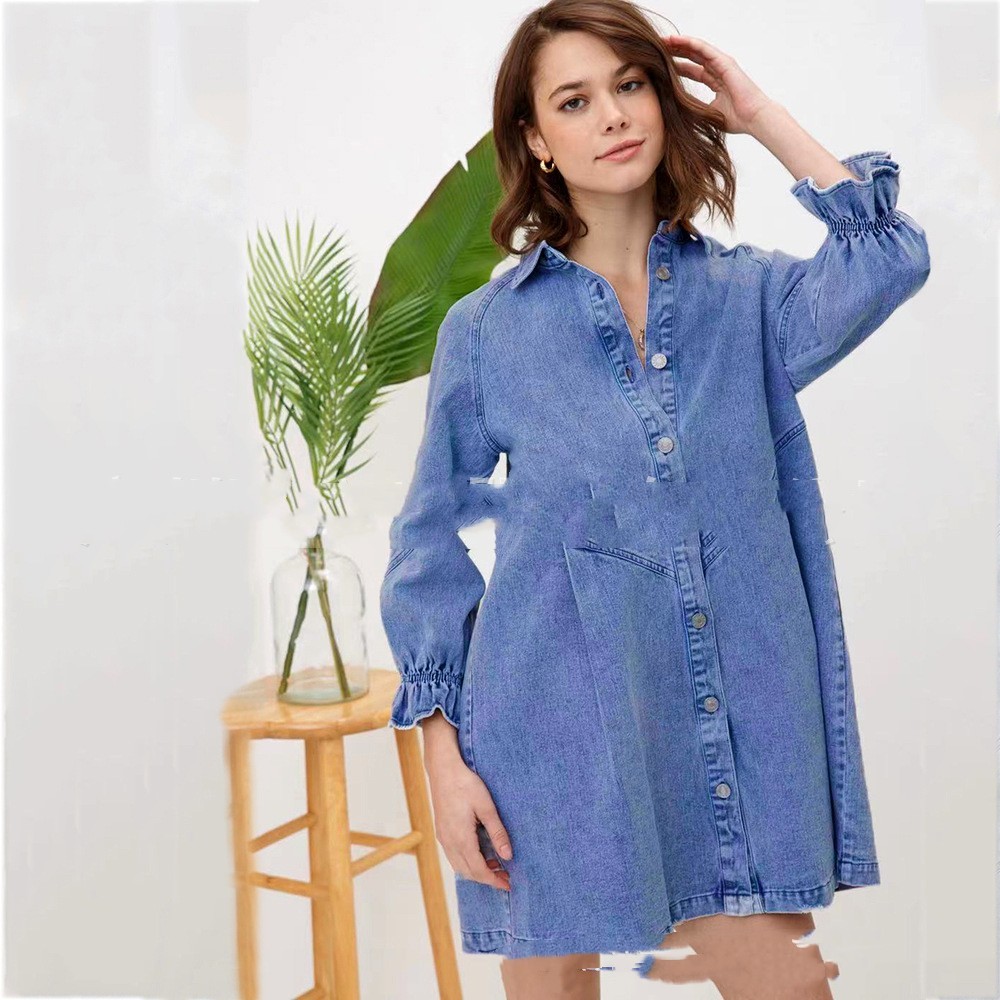 Lantern Sleeve Denim Polo Shirt Jumpsuit Skirt