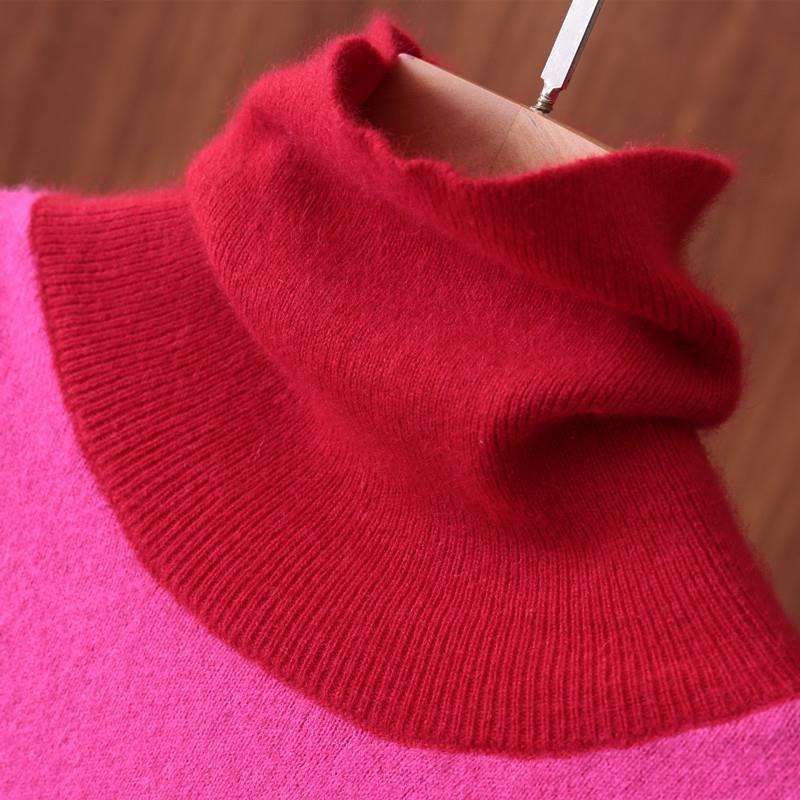 Showing White Red Colour Blocking Turtleneck Jumper Women Knitted