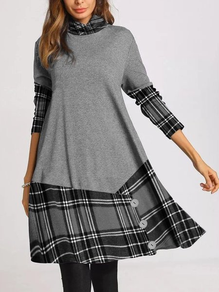 Women’s Button Irregular Long Sleeve Plaid Stitching Long Sleeve Dress