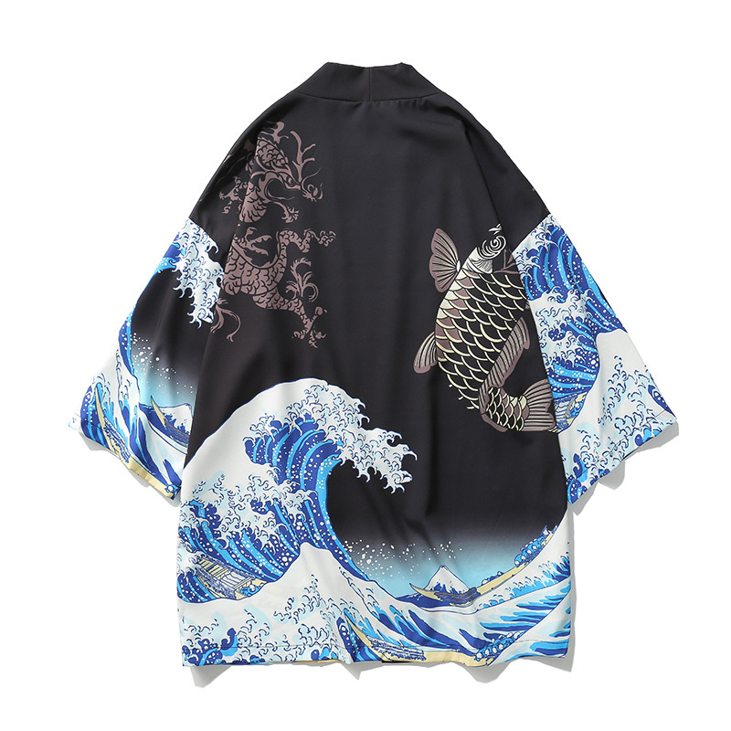 Japanese ukiyo-e painted robe wave squid print kimono men and women loose seven-point sleeve shirt thin section