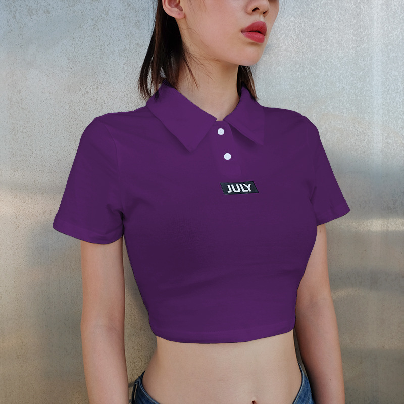 Women’s POLO collar letter print tight short section navel T-shirt female