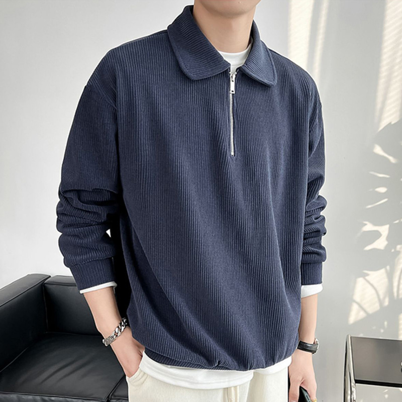 Half Zipper Polo Shirt Sweater Men’s Polo Collar Stripes Thin Coat