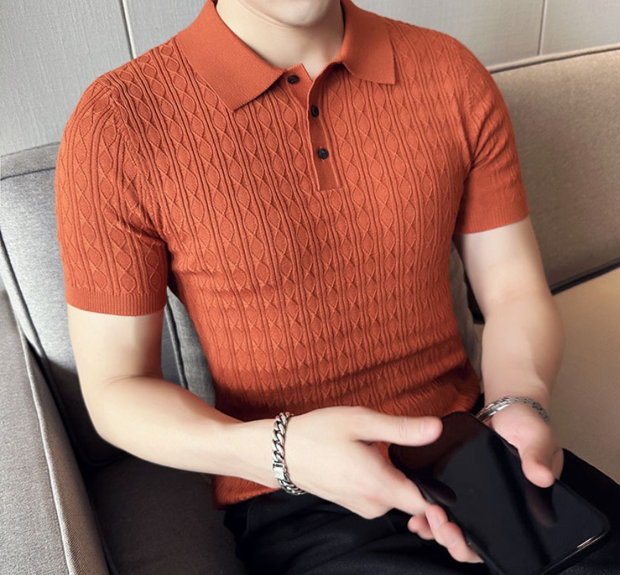 Men’s New Young Business Jacquard Knitted Short-sleeved T-shirt