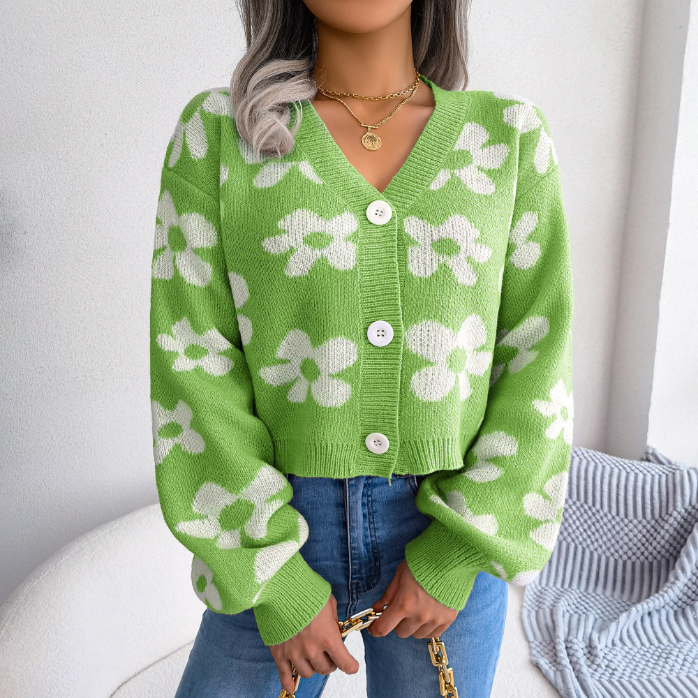 Fashionable Clashing Floral Lantern Sleeve Cardigan