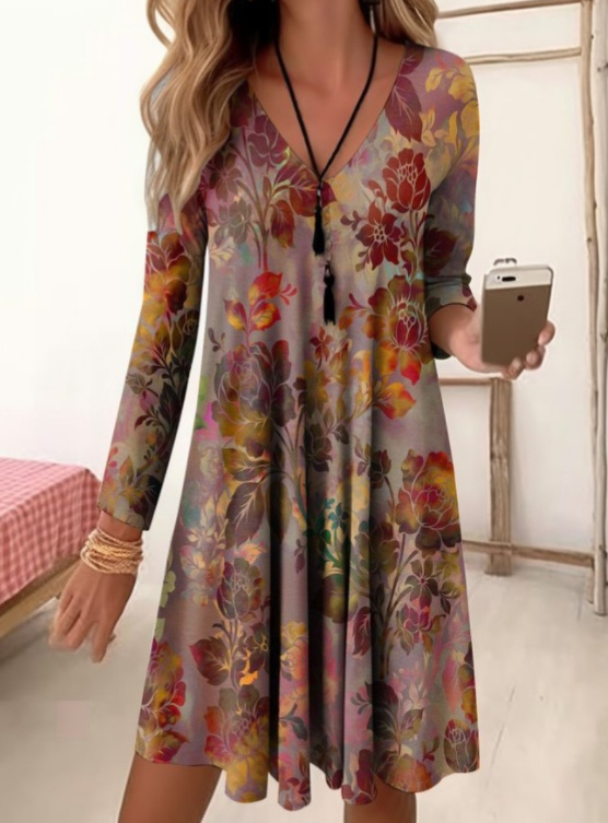 V-neck High Waisted Printed Sleeve Loose Fitting Dress