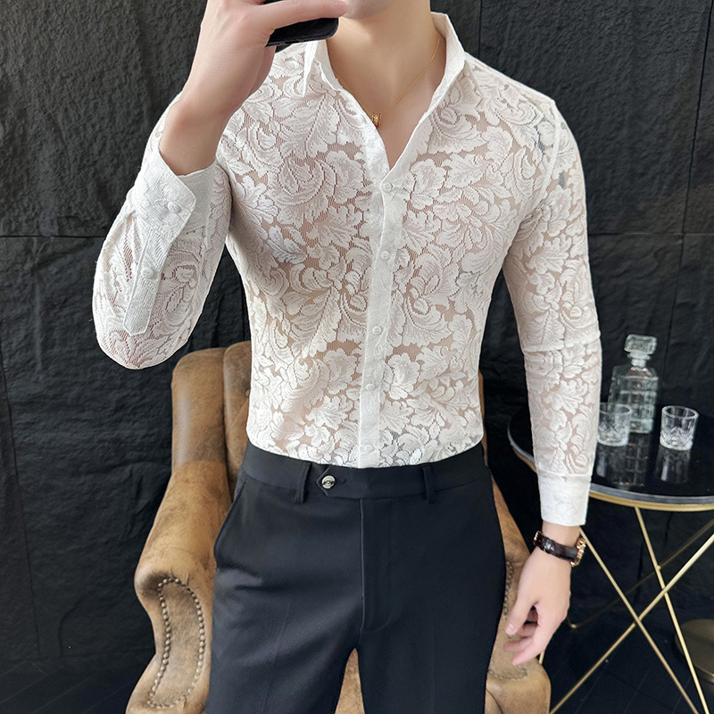 Spring And Summer Hollow Men’s Polyester Long-sleeved Shirt