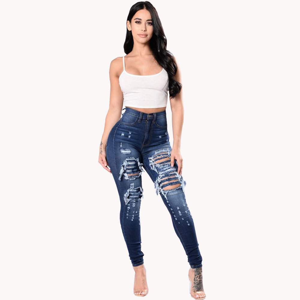 Women’s Ripped Denim Washed Denim Pants