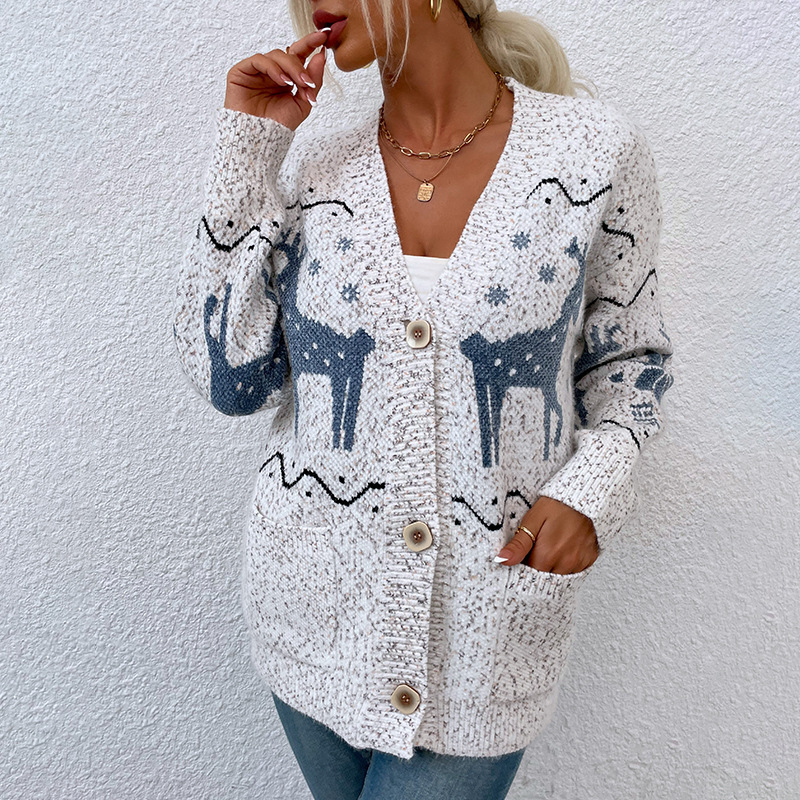 Knit Single-breasted Christmas Fawn Cardigan Sweater Women