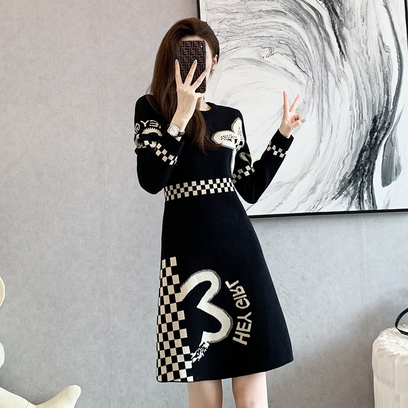 Temperament Ladies High Waist Knitted Long Sleeve Dress