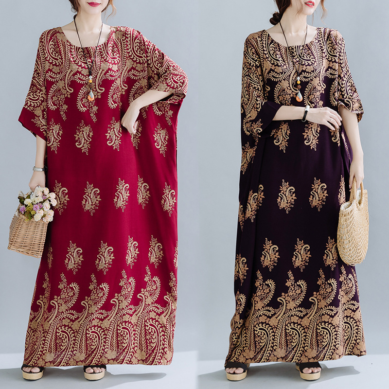 Spring Ethnic Style Plus Size Women’s Cotton Silk Robe Loose Dress