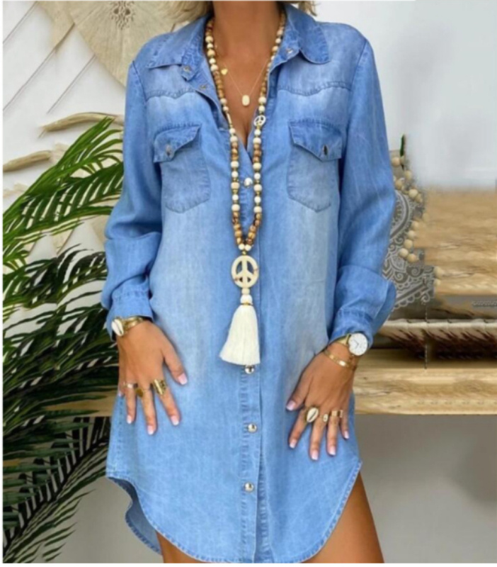 Women’s Solid Color Single-breasted Long Sleeve Denim Dress