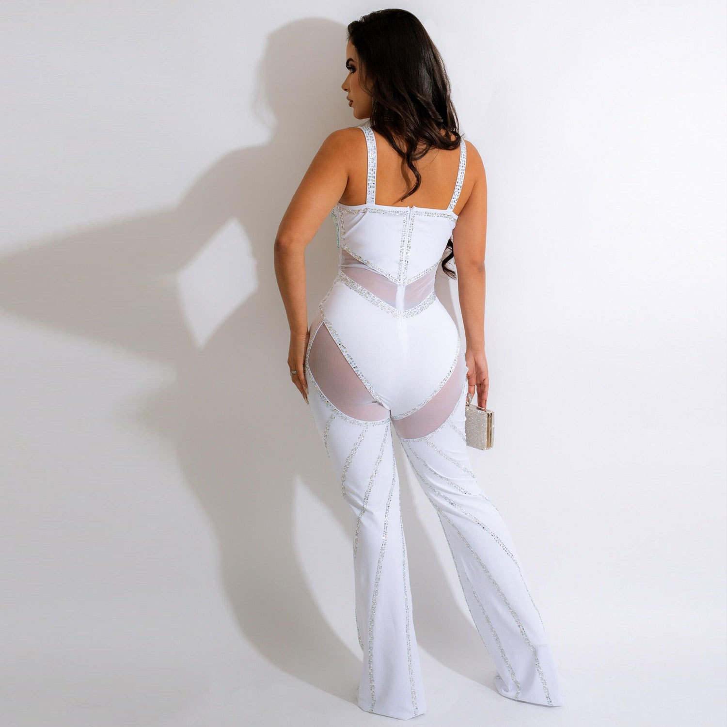 Women’s See-through Deep V Rhinestone Jumpsuit