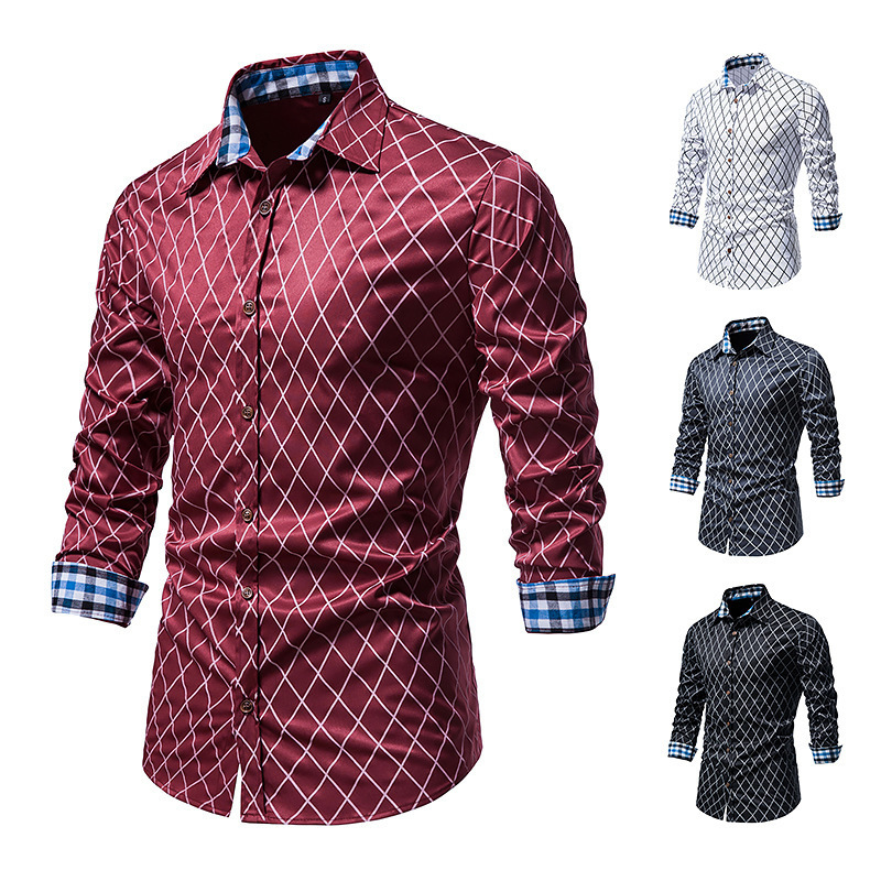 New Fashion Contrast Color Men’s Long-sleeved Diamond Check Button Shirt