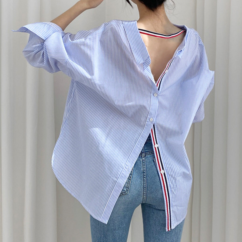 Contrast Color Striped Design Loose Front And Back Wearable Single-breasted Long Sleeve Shirt For Women