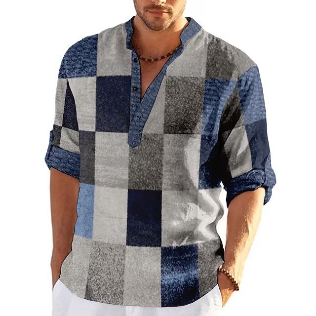 Spring And Autumn Simplicity Color Matching 3D Printed Stand Collar Men’s Casual Shirt