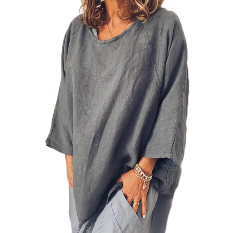 Retro Solid Linen Round Neck Loose Jumper Shirt