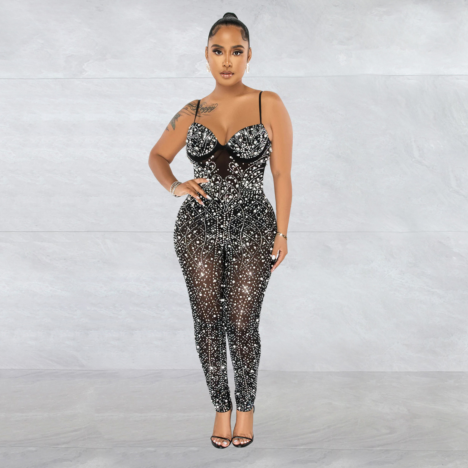 Women’s Wear Pure Color Mesh Rhinestone Sleeveless Trousers Jumpsuit