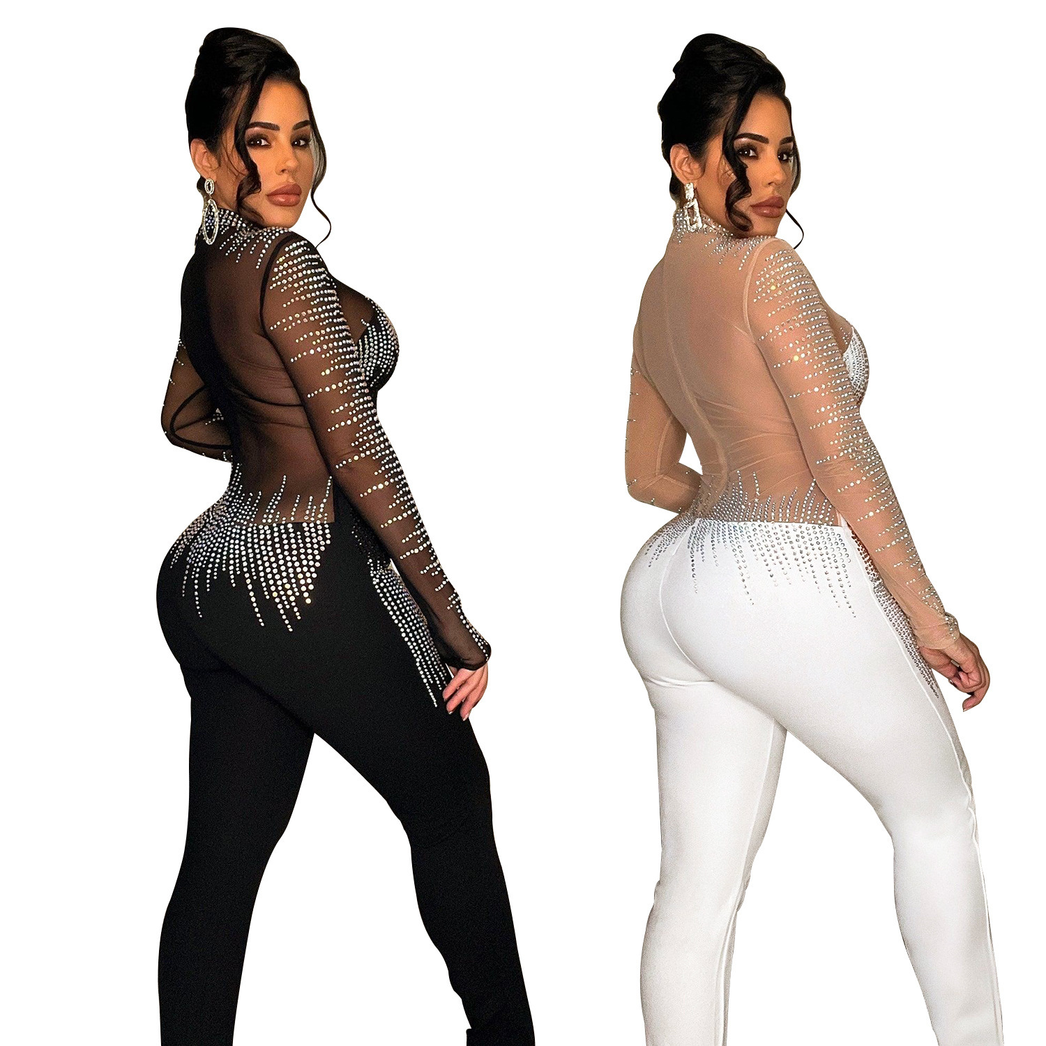 Women’s Pure Color Mesh Rhinestone Long-sleeved Trousers Jumpsuit