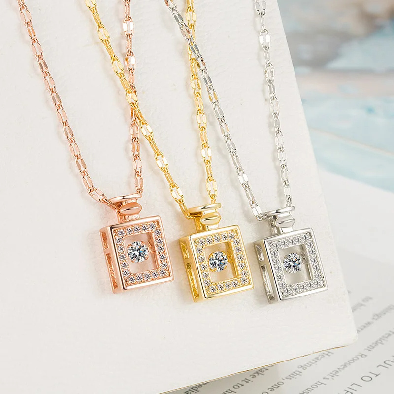 Valentines Day Gift Perfume Bottle Pendant Titanium Steel Necklace Korean Trend Zircon Luxury Female Necklace Charm Jewelry Gift Fashion Jewelry Woman