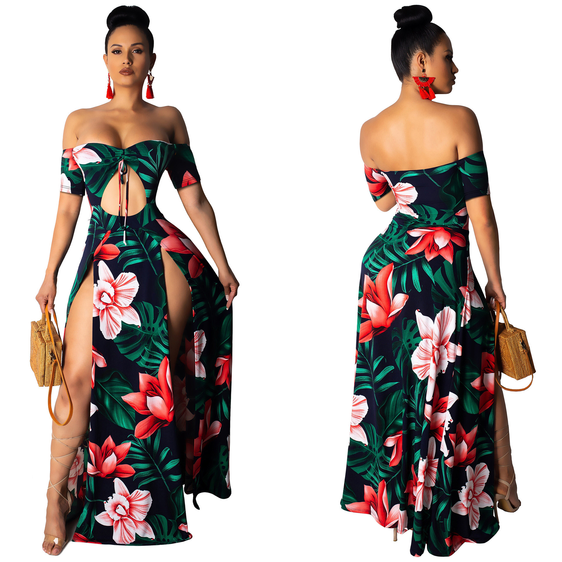 Printed tube top slit dress