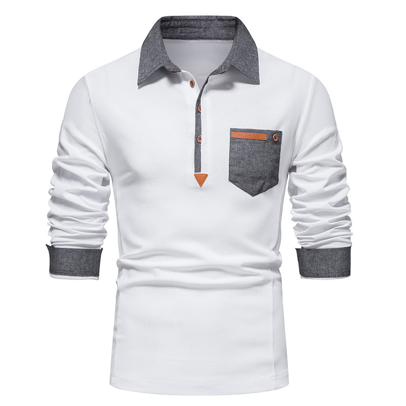 Men’s Long Sleeve POLO Shirt Fashion Leather Patchwork