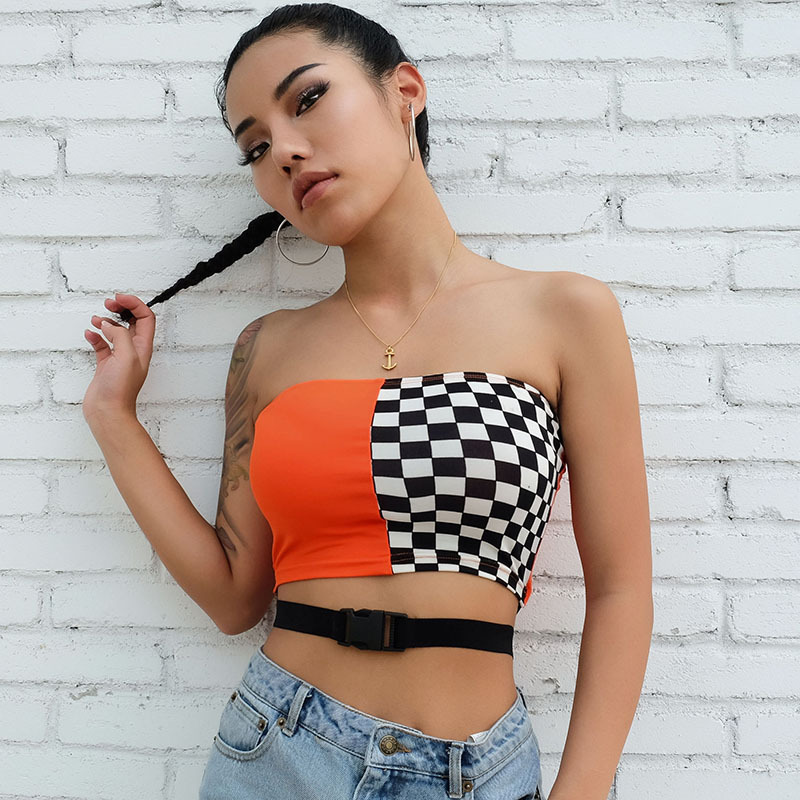 Plaid stitching tube top