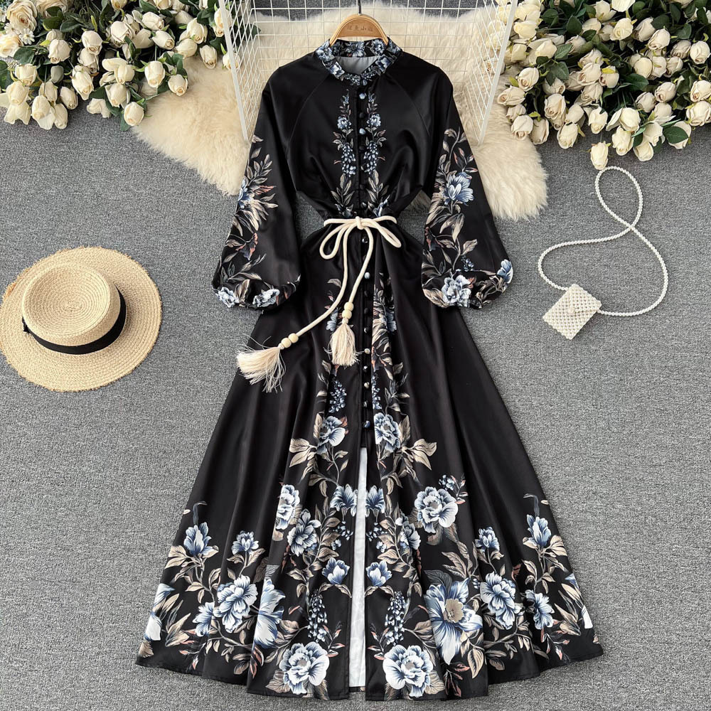 Polo Trend Retro Print Spring Dress Long-sleeved Waist Show Thin Large Skirt