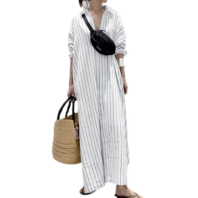 Women’s Graceful And Fashionable Polo Collar Striped Loose Waist Dress