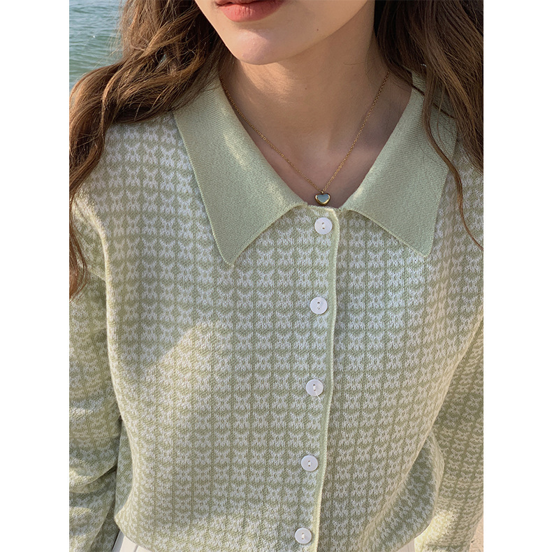 Houndstooth Wool Knitted Cardigan Women’s New Polo Collar