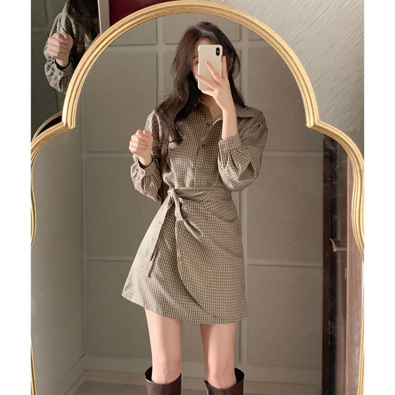 Waist-controlled Lace-up Long Sleeve One-piece Plaid Polo Collar Shirt Dress For Women