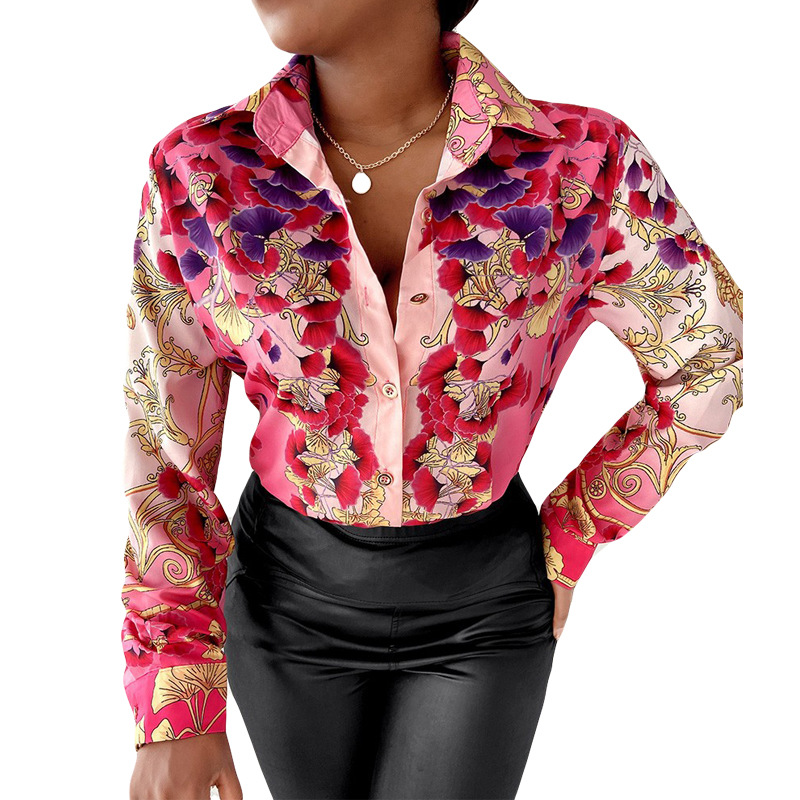 Women’s Fashion Casual Polo Collar Button Printed Shirt