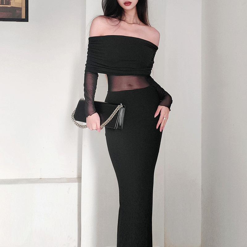 Off-shoulder Pleated Long Sleeve Dress