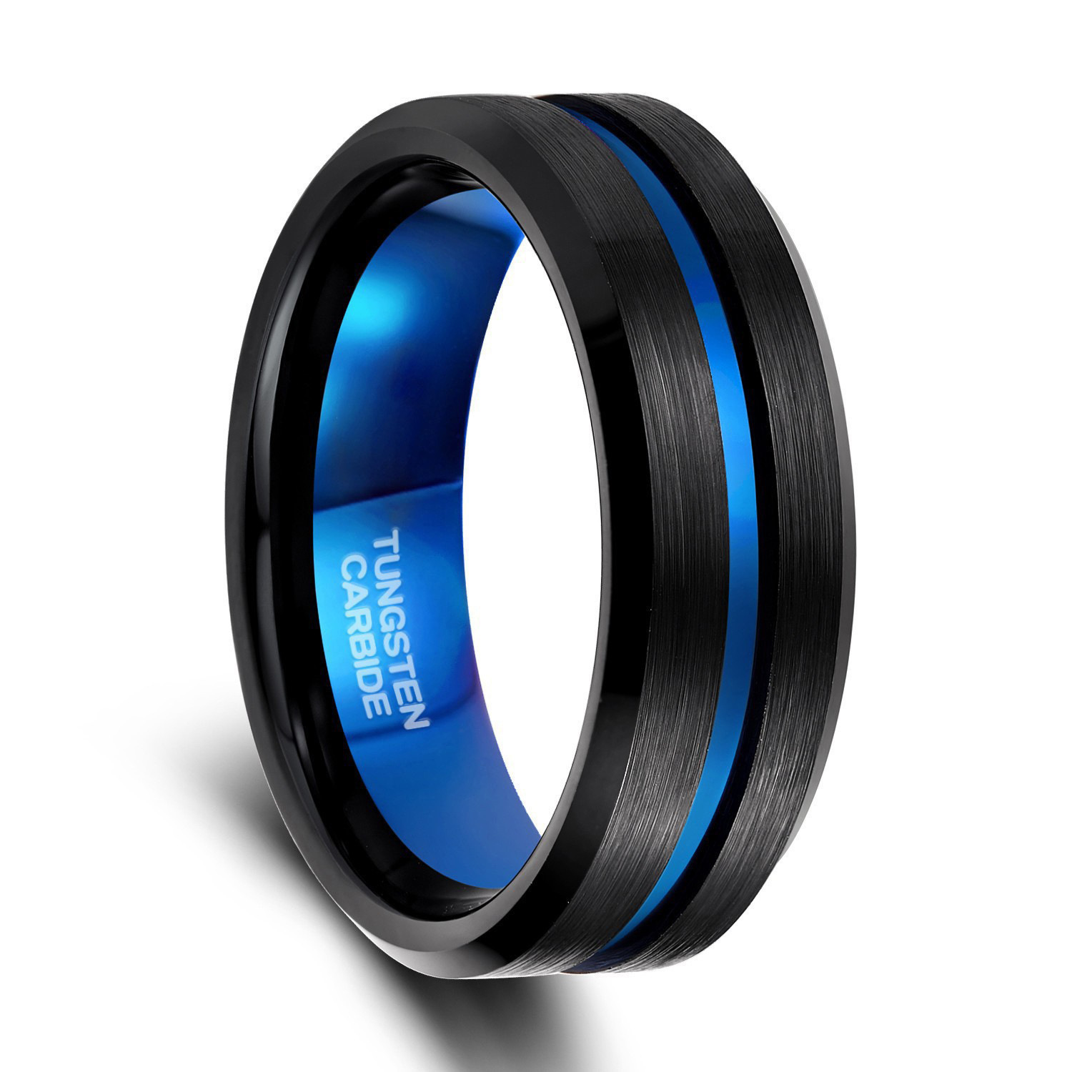 Men’s Blue Groove Bevel Wide Surface Tungsten Ring