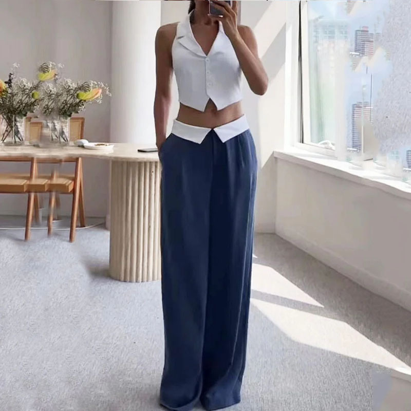 Casual Polo Collar Sleeveless Loose Solid Color Trousers Two-piece Set