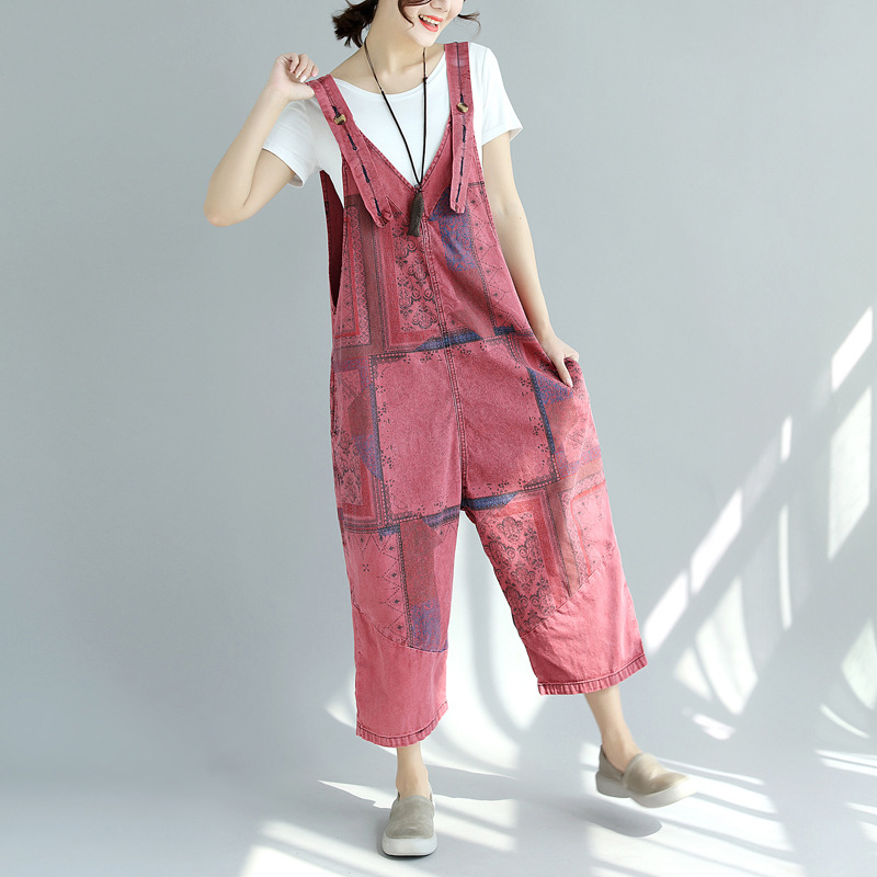 Printed Worn Looking Washed-out Big Crotch Ninth Plus Size Stitching Denim Suspender Pants