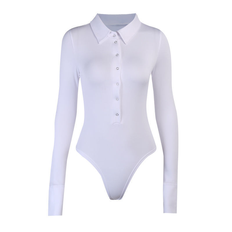 Button POLO Collar Long Sleeve Jumpsuit Sexy Slim Bottoming Shirt