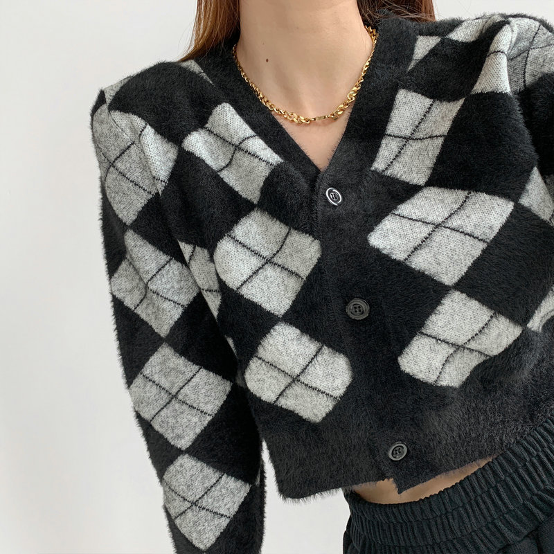 Long Sleeve Jacket Retro Soft Waxy Comfortable Plaid Knit Cardigan