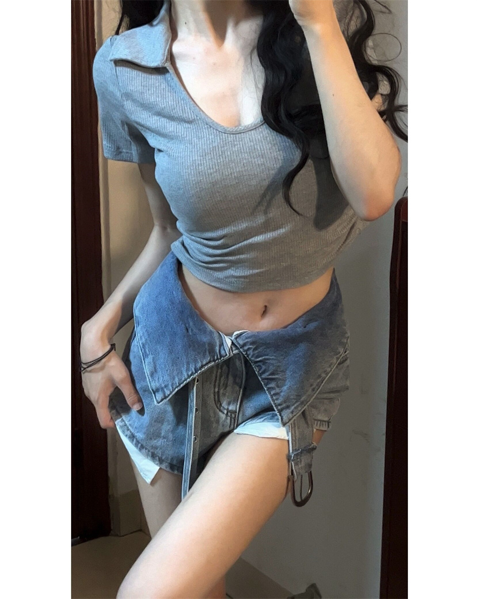 Grey Polo Collar Short Sleeve T-shirt Women Slimming Top